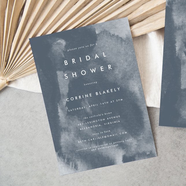 Blue Boho Wassercolor Bridal Dusche Einladung (Blue watercolor wash modern boho bridal shower invitation.)