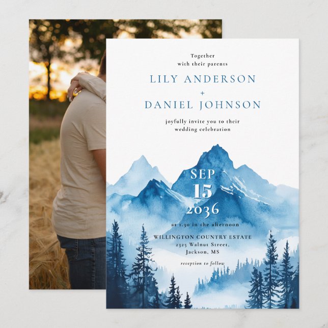 Blue Boho Watercolor Mountain Wedding Foto Einladung (Vorne/Hinten)