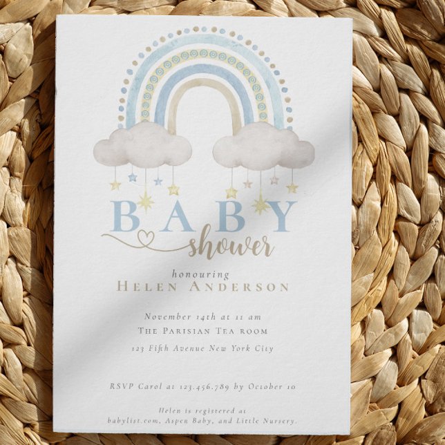 Blue Boho Watercolor Rainbow Boy Baby Dusche Einladung (Blue Boho Watercolor Rainbow Boy Baby Shower Invitation)