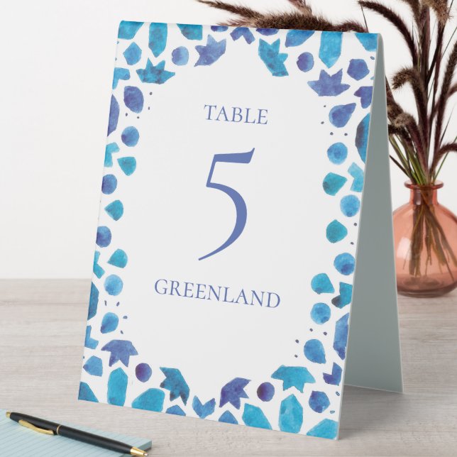 Blue Boho Watercolor Tile Tischaufsteller (In Situ (Tisch))
