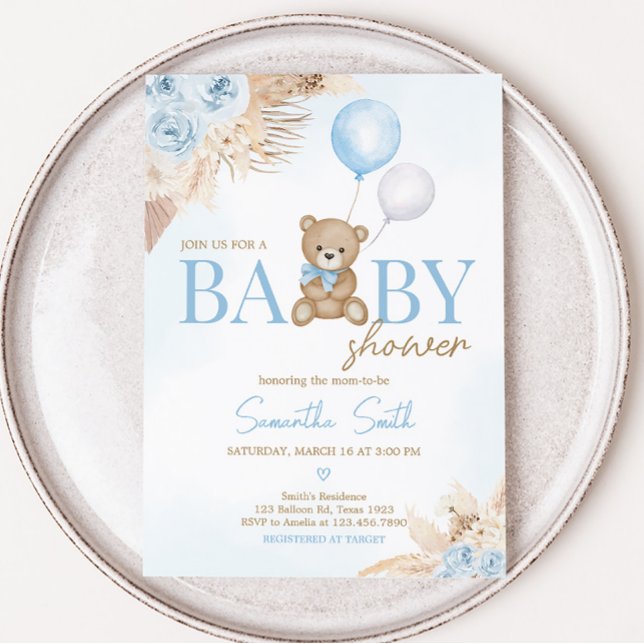 Blue Boho wir können frühes Abwarten Baby Dusche Einladung (Blue Pampas Grass Boho Bear Baby Shower Invitation)