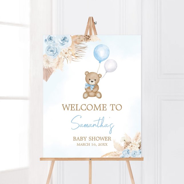 Blue Boho wir können schon warten Willkommen Poster (Blue Pampas Grass Boho Bear Baby Shower Welcome Sign)