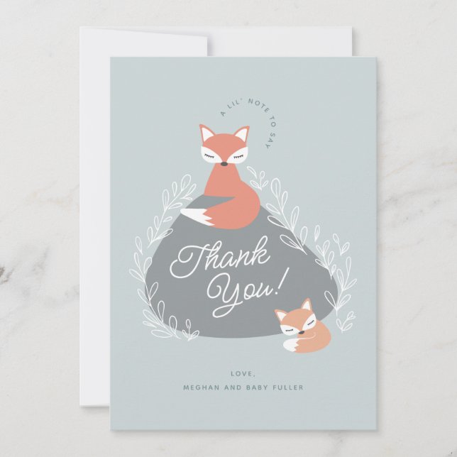 Blue Boho Woodland Foxes Babydusche Flat Dankeskarte (Vorderseite)
