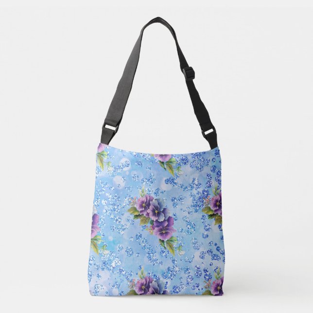 Blue Bokeh Bling Lila & Blue Blumen Tragetaschen Mit Langen Trägern (Vorderseite)