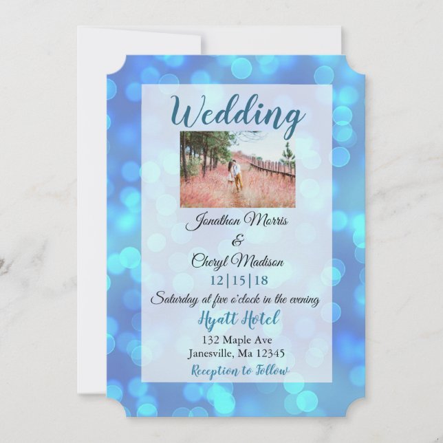 Blue Bokeh Foto Hochzeitseinladungen Einladung (Vorderseite)