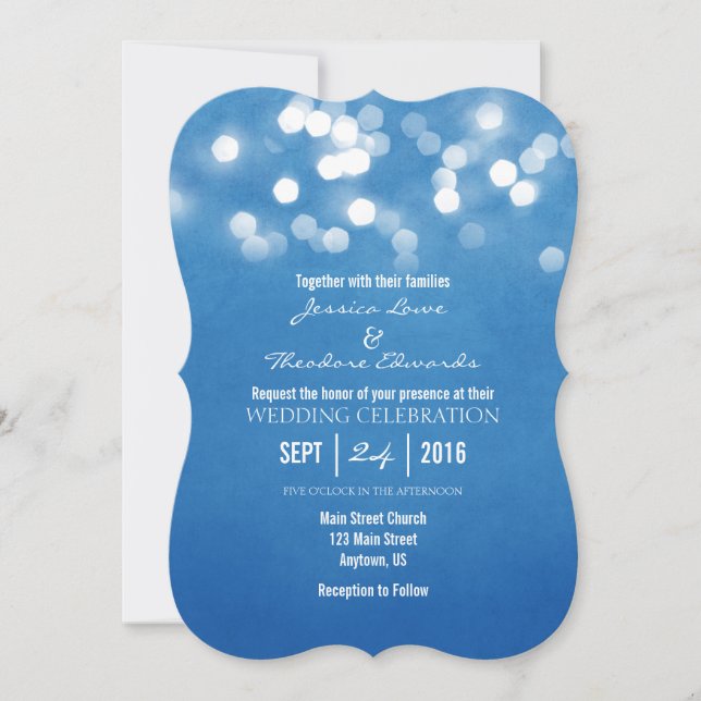 Blue Bokeh Glitzer Lights Hochzeitseinladung Einladung (Vorderseite)