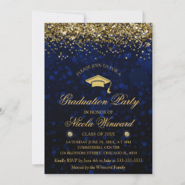 Blue Bokeh & Gold Glitzer Graduation Party Einladung