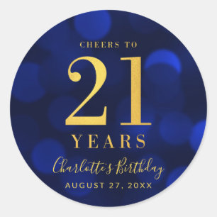 Blue Bokeh Gold jubelt auf 21 Jahre Geburtstag Runder Aufkleber