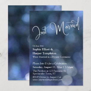 Blue Bokeh Light & "Just Married" Typografie Einladung