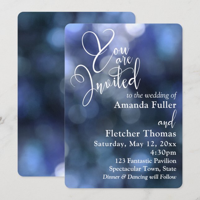 Blue Bokeh Light & Typografie 32 Wedding 1 Einladung (Vorne/Hinten)