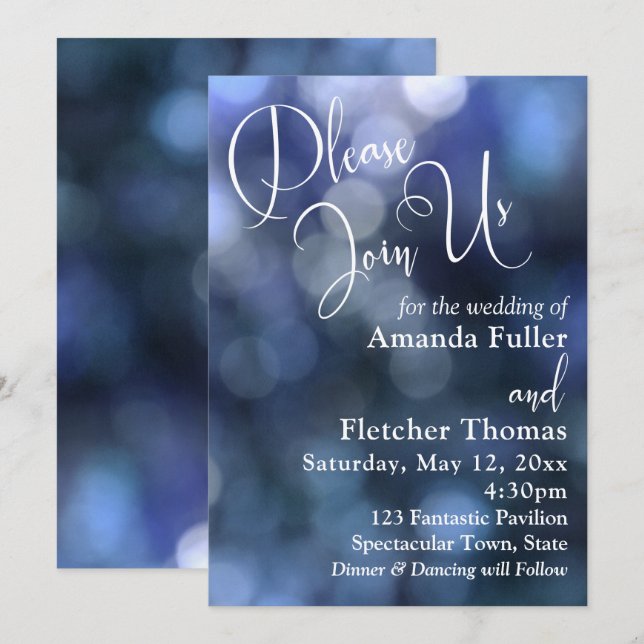 Blue Bokeh Light & Typografie 32 Wedding 2 Einladung (Vorne/Hinten)