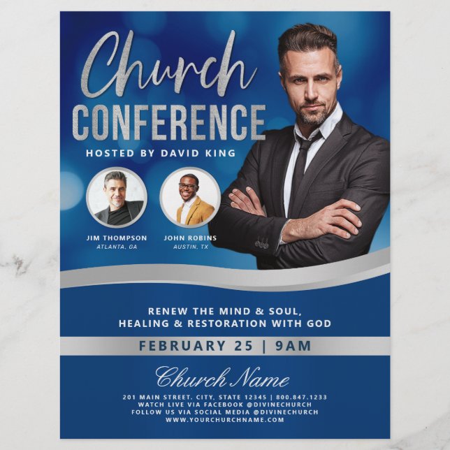 Blue Bokeh Men's Church Conference Service Flyer (Vorne)