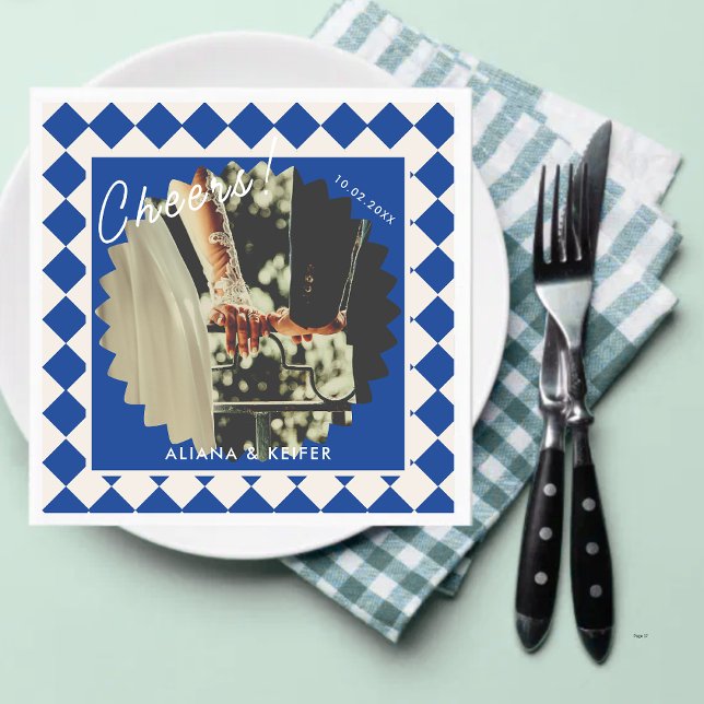 Blue Bold Cheers Retro Wedding Foto Napkin Serviette (Von Creator hochgeladen)