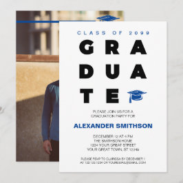 Blue Bold GRADUATE Letters and Cap Abschluss Einladung