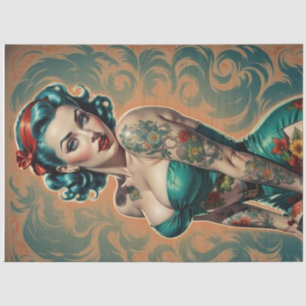 Blue Bombshell - Retro Button-Up Girl-Dekoupage Seidenpapier