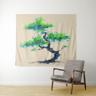 Blue Bonsai Watercolor Tapestry Wandteppich