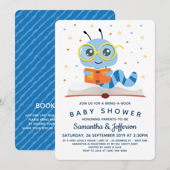 Blue Bookworm Book Baby Dusche Einladung (Vorne/Hinten)