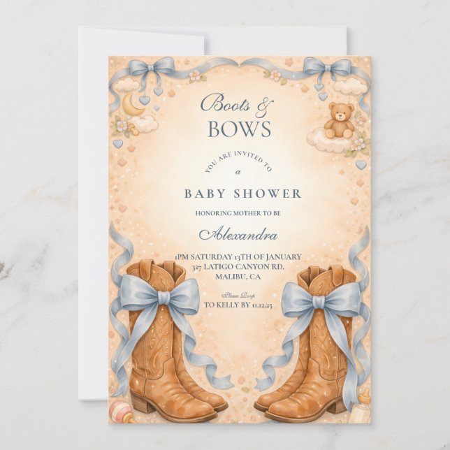 Blue Boots And Bows Boy Baby Shower Einladung (Vorderseite)