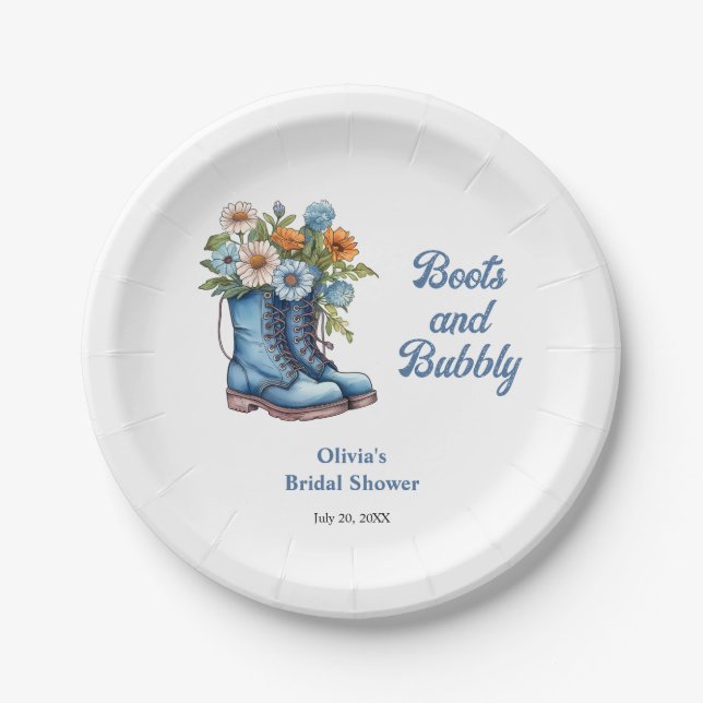 Blue Boots and Bubbly Blue Western Bridal Shower  Pappteller (Vorderseite)