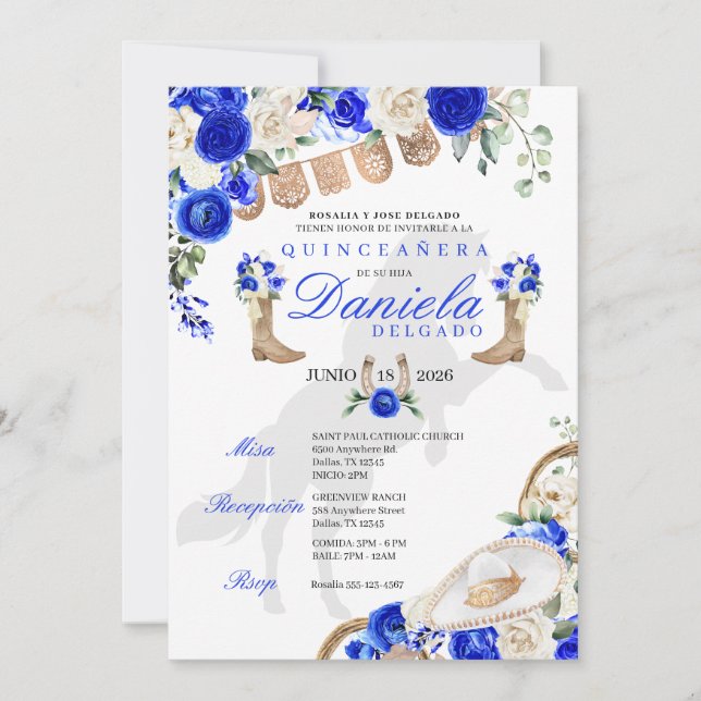 Blue Boots & Rose Papel Picado Quinceañera Einladung (Vorderseite)