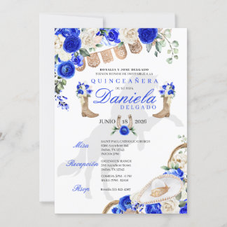 Blue Boots & Rose Papel Picado Quinceañera Einladung