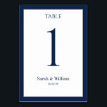 Blue Border Wedding Tischnummer Card<br><div class="desc">Eine klassische marineblau-weiße Hochzeitskarte,  die mit jeder Tischnummer angepasst werden kann. Die Grafik erscheint auf beiden Seiten dieser Karte.</div>