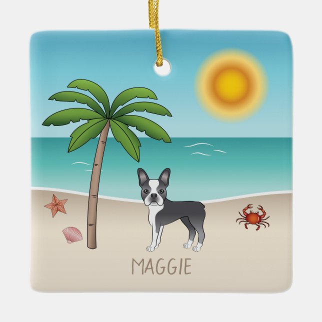 Blue Boston Terrier an einem tropischen Sommerstra Keramikornament (Vorderseite)
