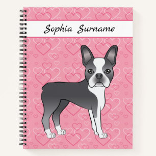 Blue Boston Terrier Dog auf rosa Herzen und Text Notizbuch