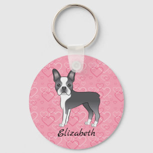 Blue Boston Terrier Hund auf rosa Herzen und Name Schlüsselanhänger