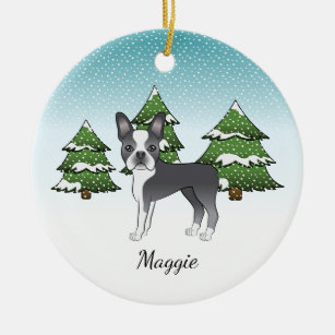 Blue Boston Terrier in einem Winterwald & Name Keramik Ornament