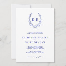 Blue Botaniacal & Ribbon Wappen Monogram Wedding Einladung