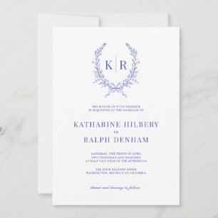 Blue Botaniacal & Ribbon Wappen Monogram Wedding Einladung