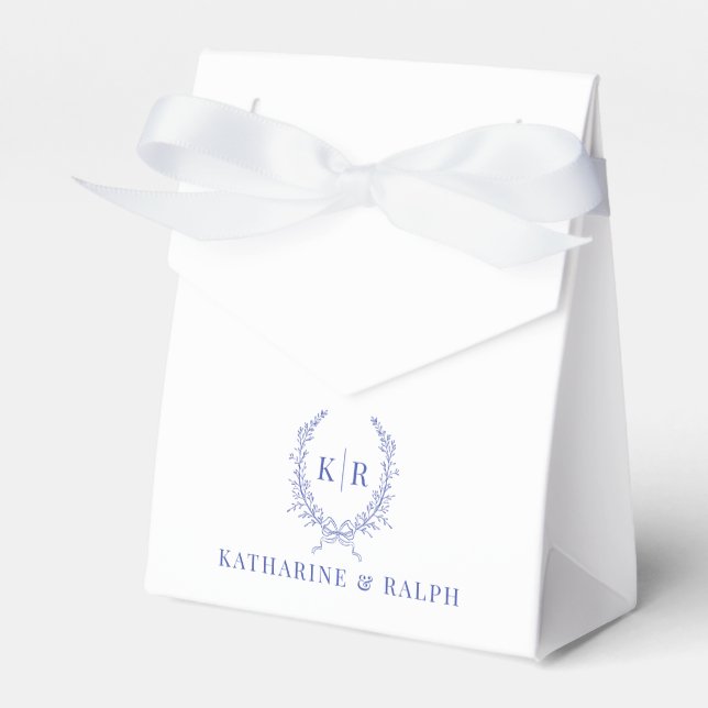 Blue Botaniacal & Ribbon Wappen Monogram Wedding Geschenkschachtel (Vorderseite)