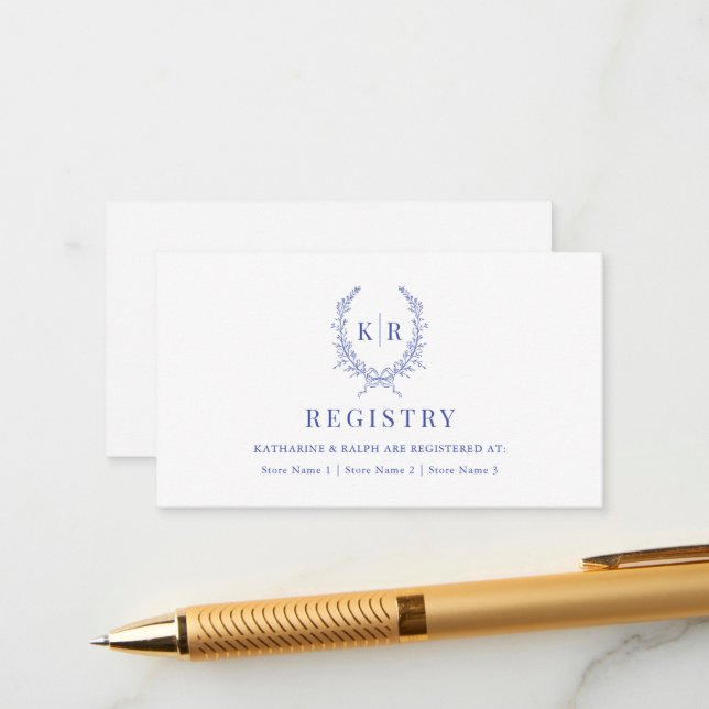 Blue Botaniacal Ribbon Wappen Wedding Registry Begleitkarte (Vorderseite/Rückseite Beispiel)