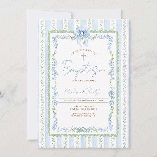 Blue Botanical Baptism Invitation Boy Christening Einladung (Vorderseite)