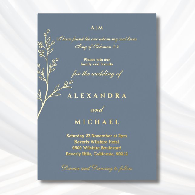 Blue Botanical Bible Verse Christian Wedding Gold Folieneinladung (Von Creator hochgeladen)