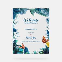 Blue Botanical Butterfly Welcome To Our Wedding Acrylschild