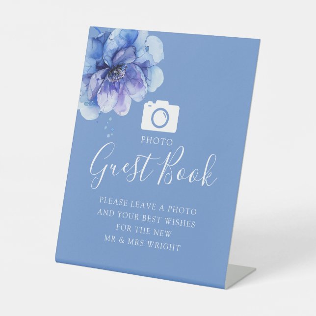 Blue Botanical Floral Foto Gästebuch Hochzeit Sockelschild (Vorderseite)
