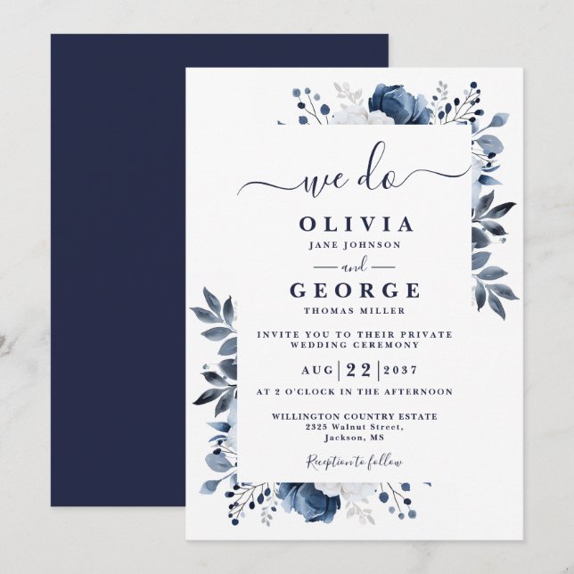 Blue Botanical Floral Intimate Private Hochzeit Einladung (Vorne/Hinten)