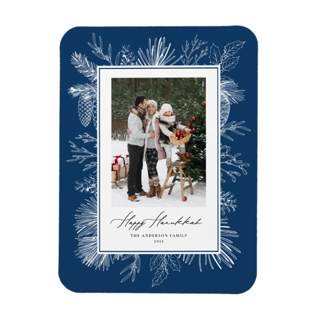 Blue Botanical Frame Happy Hanukkah Foto Magnet (Vertikal)