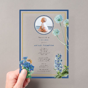 Blue Botanical Gold Taufe Christening Boy Foto Acryleinladungen