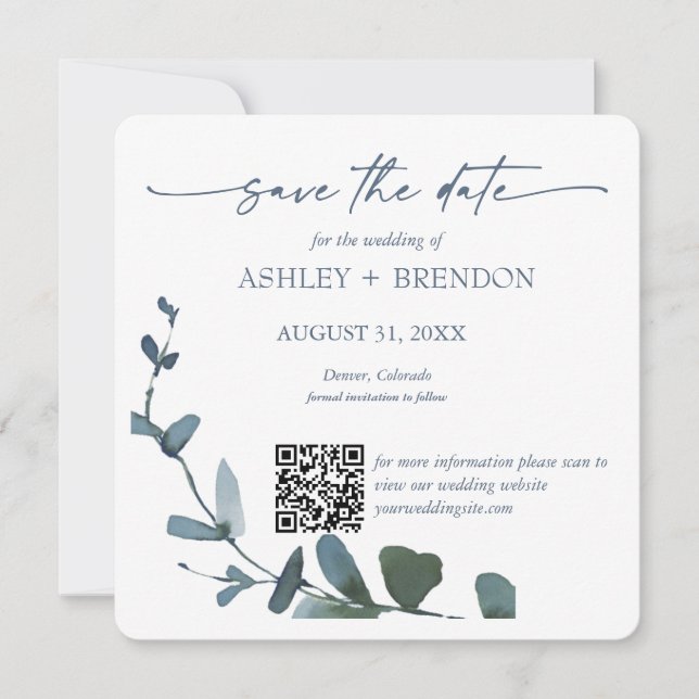 Blue Botanical Leaf Save the Date w/QR Code+Image Einladung (Vorderseite)