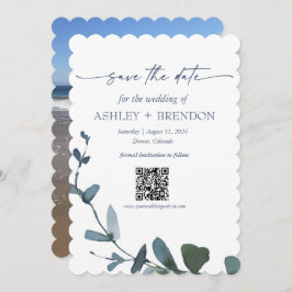 Blue Botanical Leaf Save the Date w/QR + Image Einladung