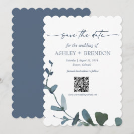 Blue Botanical Leaf Save the Date w/QR + Image Einladung
