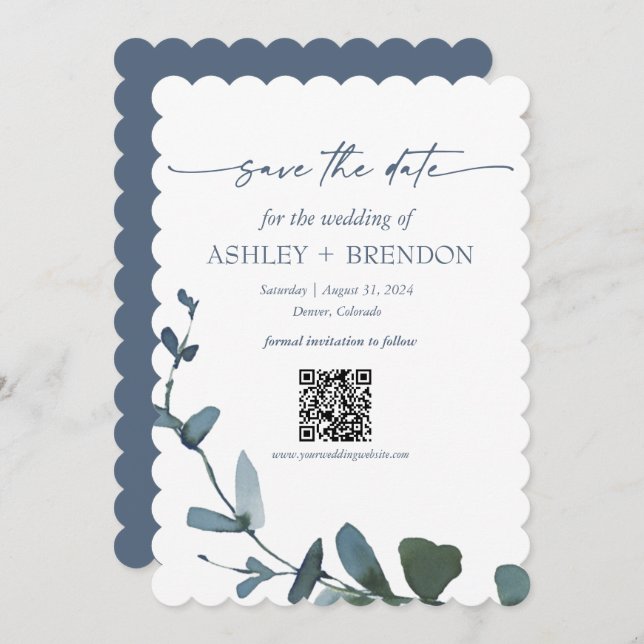 Blue Botanical Leaf Save the Date w/QR + Image Einladung (Vorne/Hinten)