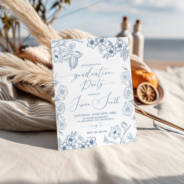 Blue Botanical Line Art Graduation Invite Einladung (Von Creator hochgeladen)