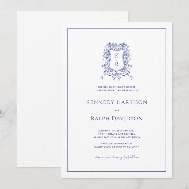 Blue Botanical Wappen & Ribbon Elegante Hochzeit Einladung (Vorne/Hinten)