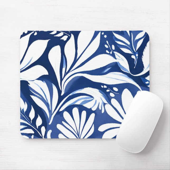 Blue Botanical Watercolor Floral Pattern Mousepad (Mit Mouse)