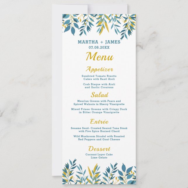 Blue Botanical Wedding Dinner Menu Card Einladung (Vorderseite)
