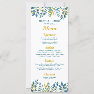 Blue Botanical Wedding Dinner Menu Card Einladung